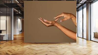 Beautiful black woman hands. Female hands applying cream or lotion over brown studio background, free space Wall mural