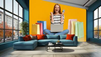 Beautiful girl excited after successful online shopping. Wall mural