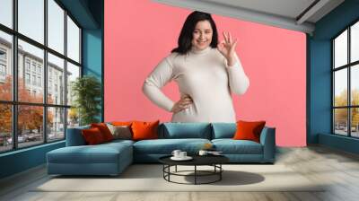 Beautiful Overweight Girl Showing Ok Sign, Posing Over Pink Background Wall mural