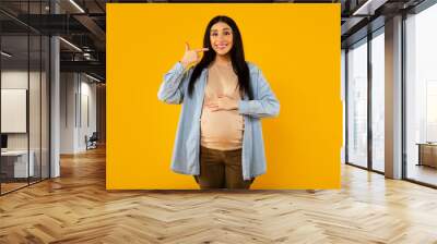 Beautiful woman expecting a baby, touching pregnant belly smiling and pointing with fingers at her perfect smile Wall mural