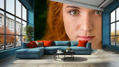 Beautiful young freckled green-eyed lady with red hair Wall mural