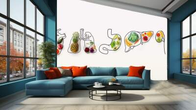 Best menu for healthy body. Collage with outlines of human internal organs and wholesome foods on white background Wall mural