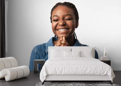 Black Girl Begging Making Pleading Gesture Posing Over White Background Wall mural