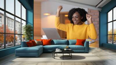 Black girl celebrating success, found good job Wall mural