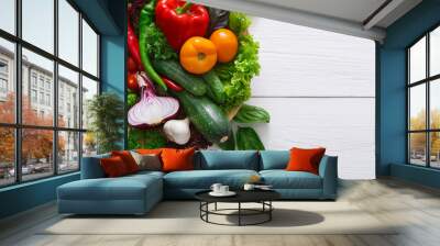 Border of fresh vegetables on wooden background with copy space Wall mural