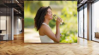 Brazilian fitness lady enjoying water drinking from bottle outdoors Wall mural