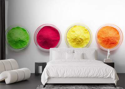 Bright red, blue, green and yellow food powder on white background Wall mural