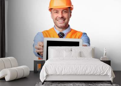 Builder Man Showing Tablet Screen Posing Over White Background, Mockup Wall mural