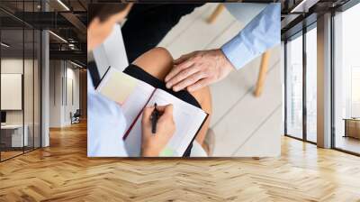 Businessman Harassing Woman Touching Her Knee Sitting In Office, Cropped Wall mural