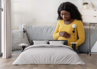 Cheerful african american expecting lady resting in living room Wall mural