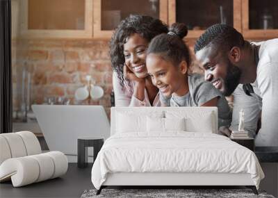 Cheerful black family using laptop at kitchen, looking for healthy food recipe, panorama with copy space Wall mural