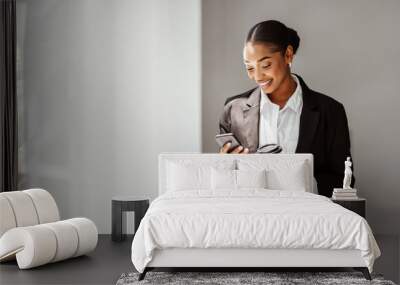 Cheerful black female manager standing in office, drinking coffee to go and using cellphone, panorama with copy space Wall mural