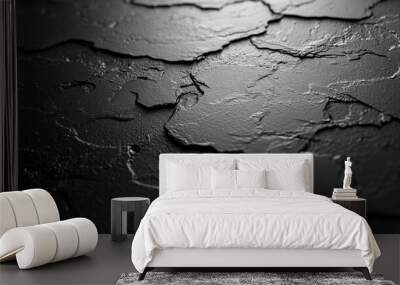 Close-up view of a textured black surface showcasing intricate cracks illuminated by soft light, revealing the unique patterns of the material. Wall mural