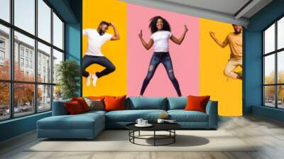 Collage of positive multiracial young people jumping over colorful backgrounds Wall mural