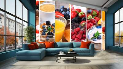 Collage of tasty oatmeal with fruits and berries Wall mural