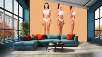 Collage of young slim woman in underwear posing on beige studio background, female model demonstrating nice body Wall mural