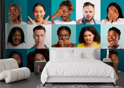 Collection of male and female emotional portraits, millennials showing emotions Wall mural