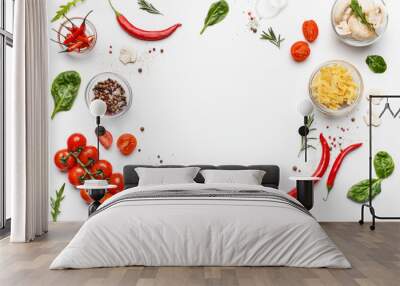 Colorful pizza ingredients on white background, top view Wall mural