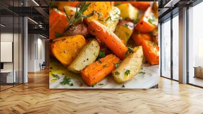 Colorful roasted seasonal vegetables arranged on a white platter, garnished with fresh herbs and drizzled with olive oil, showcasing a vibrant and healthy dish. Wall mural