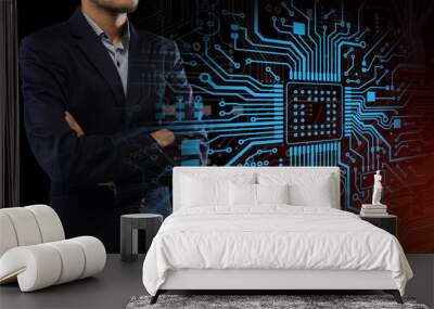 Computing technologies. Collage with businessman and glowing electronic circuit board on virtual screen. Copy space Wall mural