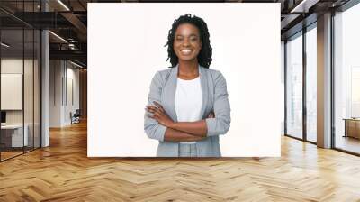 Confident Business Girl Smiling At Camera Crossing Hands, White Background Wall mural