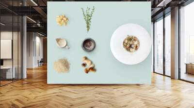 Cooking ingredients for italian risotto with wild mushrooms isolated Wall mural