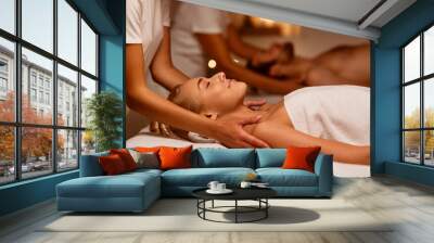 Couples Massage At Spa, Girlfriend And Boyfriend Enjoying Relaxing Treatment Wall mural