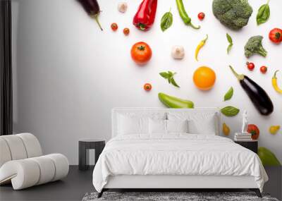 Creative flat lay of fresh vegetables on white background Wall mural