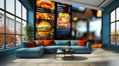 Customers view digital menu boards highlighting various burgers and sides at a busy fast-food restaurant. Wall mural