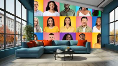 Different happy multiethnic people standing isolated over bright multicolored backgrounds Wall mural