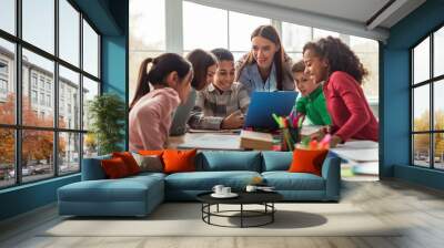 Diverse School Children And Teacher Woman Having Class In Classroom Wall mural