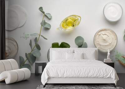 Eco cream products of aloe vera, olive oil and sea salt on white Wall mural