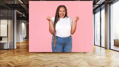 Emotional Black Obese Woman Gesturing Yes Posing On Pink Background Wall mural