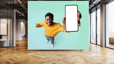 Excited black guy demonstrating smartphone with blank white screen, showing free copy space for your ad, mockup Wall mural