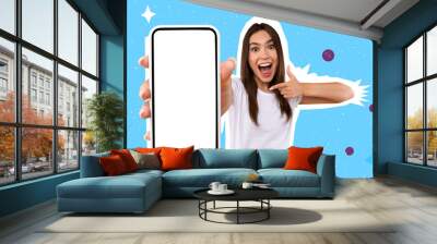 Excited woman showing white empty smartphone screen and pointing, collage Wall mural