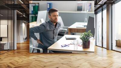 Exhausted mature businessman having acute back pain, massaging aching muscles while sitting at desk in office Wall mural