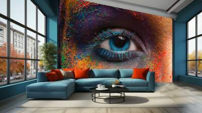 Eye of model with colorful art make-up, close-up Wall mural