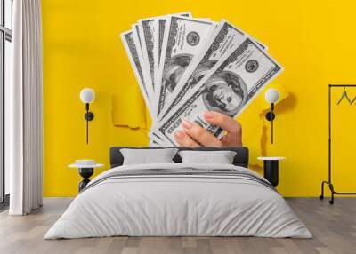 Female hand holding fan of cash money in dollar banknotes, isolated through torn yellow background, closeup Wall mural