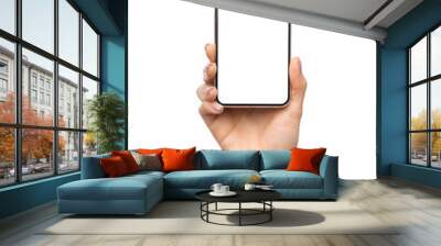 Female hand presenting new smartphone with big blank screen Wall mural