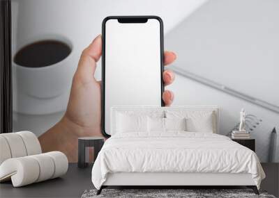 Female hands using smartphone for ordering food online Wall mural