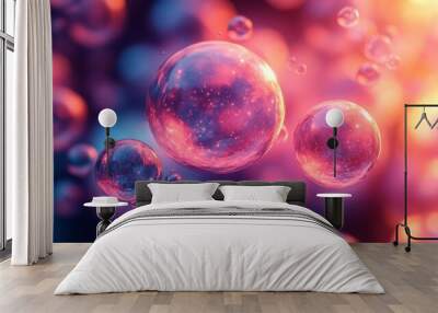 Floating bubbles illuminated by vibrant colors create a dreamy atmosphere, enhancing the abstract composition with depth and allure. Wall mural