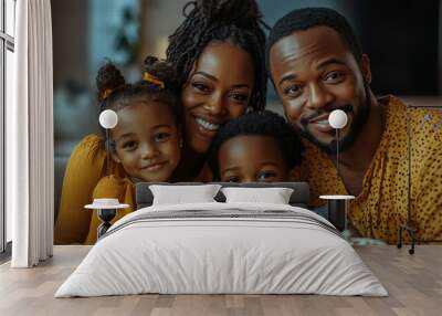 Four family members gather in their cozy living room for a fun movie night, sharing popcorn and laughter while dressed in bright outfits. Wall mural