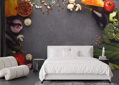 Frame of fresh vegetables on wooden background with copy space Wall mural