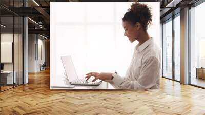 Freelancer woman working on laptop, typing on keyboard against window Wall mural