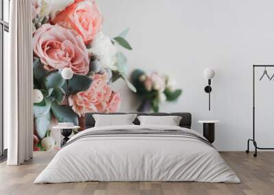 Fresh bunch of pink peonies and roses with copy space Wall mural