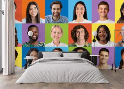 Friendly smiling multiracial people looking at webcam on colored backgrounds, panorama Wall mural