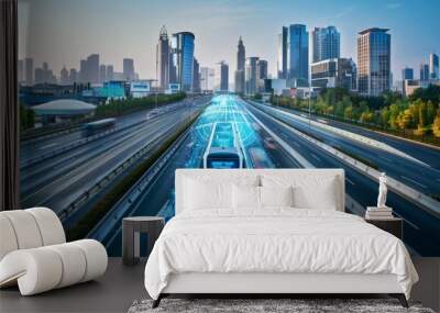 Futuristic Car Driving on City Highway Wall mural