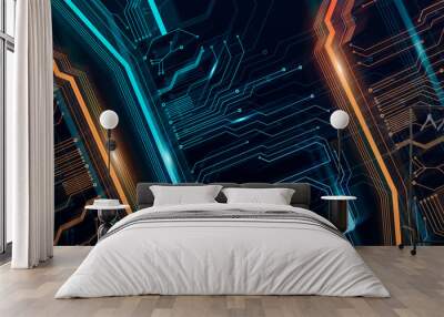 Futuristic Technological Background With Gloving Microcircuit Lines In Blue And Yellow Color Wall mural