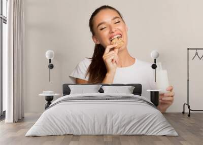 Girl Enjoying Milk And Cookies Standing Over Gray Background, Panorama Wall mural