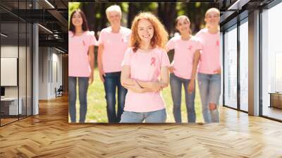 Girl With Ribbon Symbol Standing With Support Group In Park Wall mural